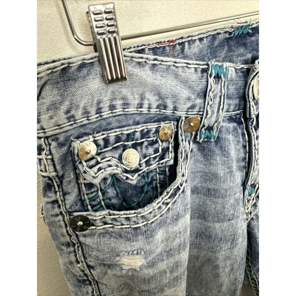 True Religion Men 30X33 Slim Blue Stitch Denim‎ Jeans Stone Wash Distressed